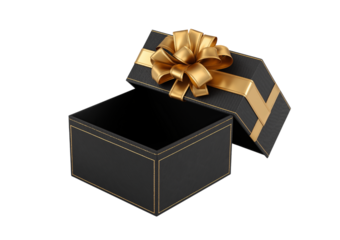 Open black gift box with textured sides and gold ribbon bow isolated on a transparent background open box