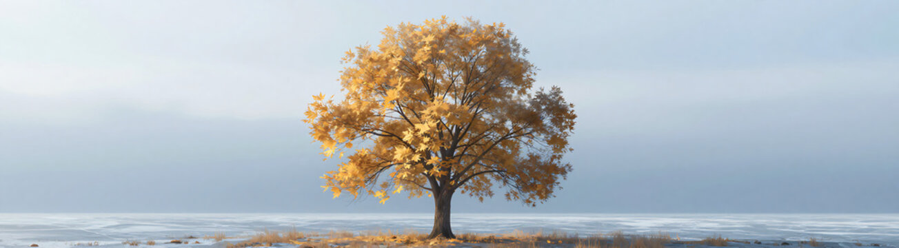 serene monochromatic illustration features lone tree divided vertically autumnal side aglow warm golden hues icy blue