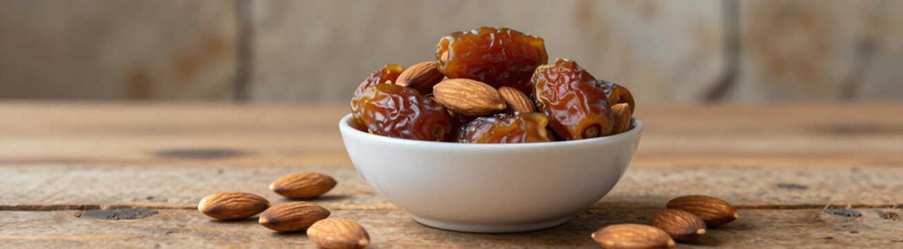 small bowl almonds dates sits rustic wooden table illuminated soft warm light set blurred background worn stone