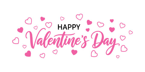 Contemporary calligraphy saying Happy Valentine's Day in vibrant colors on a white backdrop adorned with hearts, perfect for decorations, posters, banners, greeting cards, invitations, ads, and partie