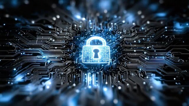 A digital padlock illuminated on a circuit board, symbolizing cybersecurity and data protection in the modern technological landscape. An abstract representation of online safety.