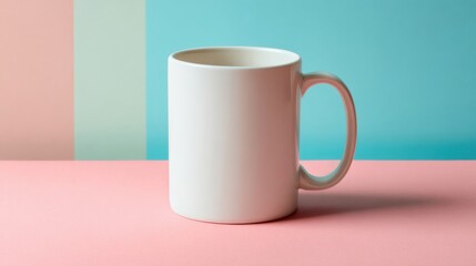 a white coffee mug sitting on a pink surface