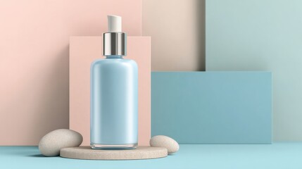 a bottle of blue liquid sitting on a table