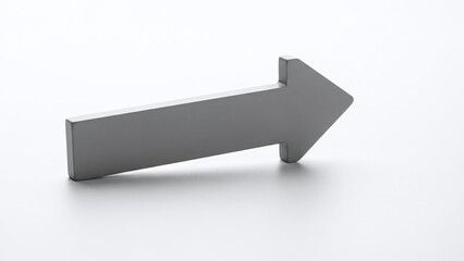 Shiny silver arrow pointing to the right on a clean white surface suggesting direction and progress. isolated on white background