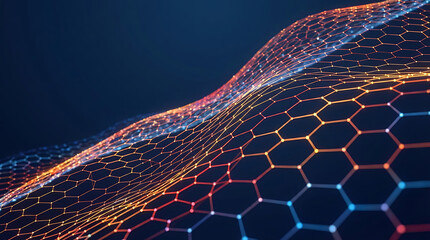 Digital landscape of glowing hexagonal patterns and connected lines in blue and orange representing big data architecture and global networking technology background