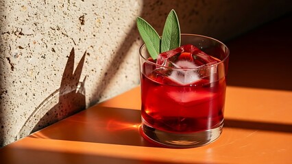 Sophisticated red aperitif with green herbs and clear ice cubes positioned on a bright orange ledge in warm light.