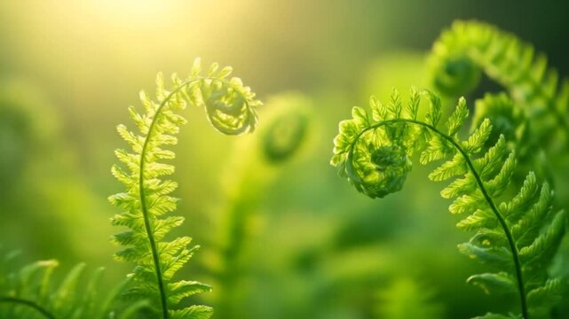 Close up of green ferns reaching for sunlight natures delicate beauty