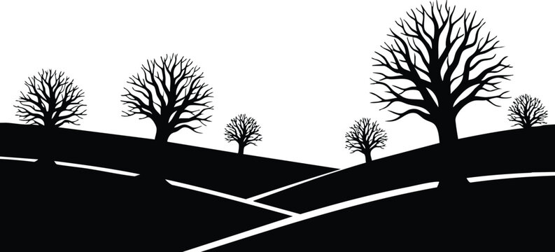 Silhouette flat design wide angle view of lone oak trees lining rolling hills with intersecting paths bold black and white contrast foreground large tree looking away