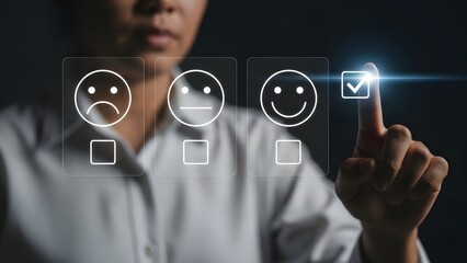 person's finger selects happy face icon with checkmark, indicating positive satisfaction feedback.