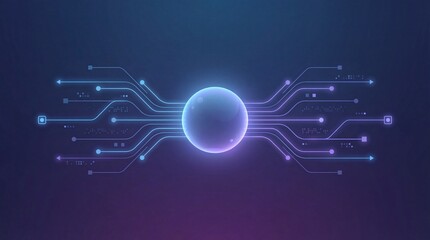 A futuristic digital illustration of a glowing blue orb connected to circuit board lines on a dark purple background
