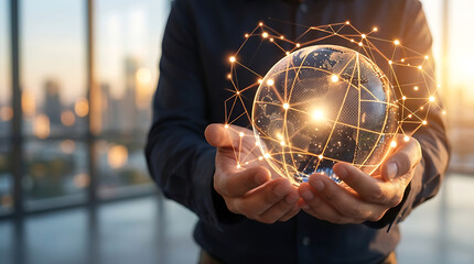 Businessman hands holding virtual global network sphere with connecting lines and dots in office showing international business and digital innovation concepts