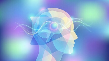 A vibrant abstract illustration of a human head with glowing lines and shapes