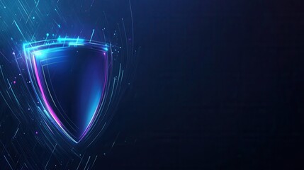 Vivid neon shield with purple glow suspended over dark gradient, sleek holographic emblem radiating colorful trails and circuit motifs, ideal for consumer privacy messaging, brand trust, fintech