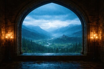 A window in a castle overlooks a beautiful mountain range