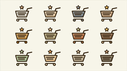 Shopping cart with star icon set. E-commerce, online shopping, customer rating, favorite product, wishlist, retail experience.