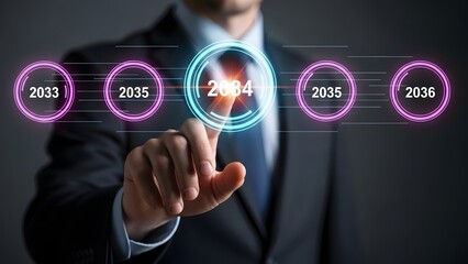 businessmtouches the illuminated year 2034 on dynamic digital timeline, representing future business objectives.