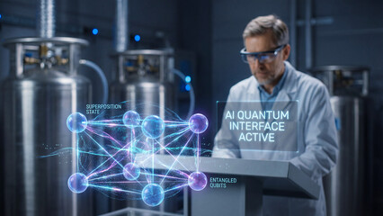 Quantum physicist visualizing AI powered quantum computing systems for advanced scientific research and discovery