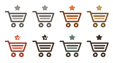 Online shopping cart icons with star and checkmark symbols. E-commerce rating, favorite product selection, and purchasing concept.