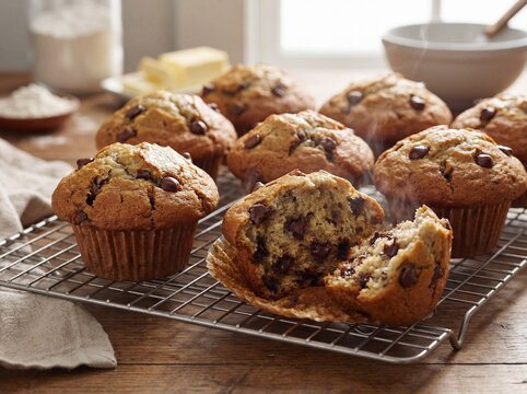 Warm chocolate chip banana muffins on a wire rack with steam rising. A broken muffin reveals melting chocolate and moist texture on a rustic wooden table near a window.