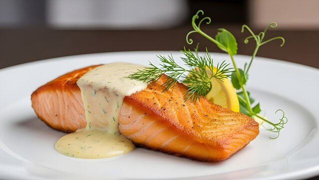 Deliciously seared salmon fillet drizzled with creamy sauce and garnished with fresh dill and a lemon wedge, served on a white plate