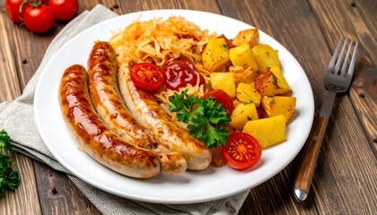 Grilled Sausages with Sauerkraut and Potatoes on a Plate.