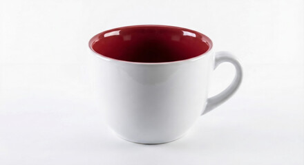 A white cup with a red interior sits on a plain background for logo design.