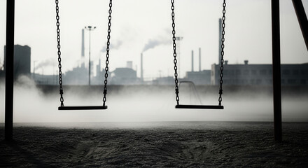 Eerie playground with swings in silhouette under a foggy sky, conveying loneliness and industrial decline, great for illustrating dystopian themes and urban decay
