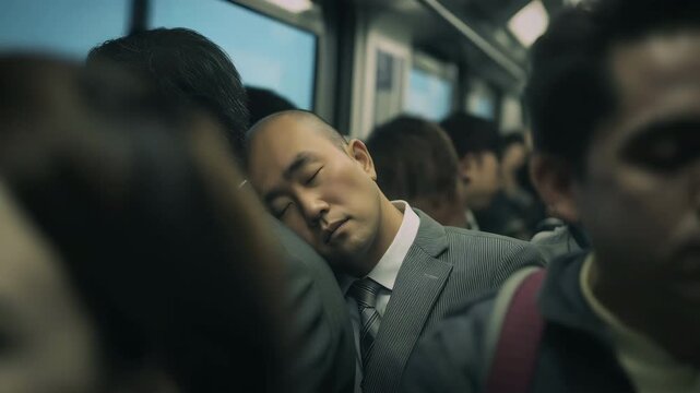 A tired office worker sleeps while standing in a packed subway car during rush hour.