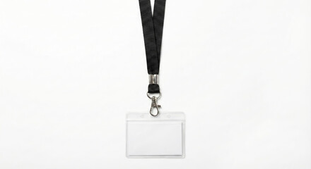 Badge holder hangs on a black lanyard against a white background for logo display.