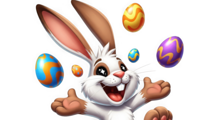 Easter bunny surrounded by colorful eggs on black background