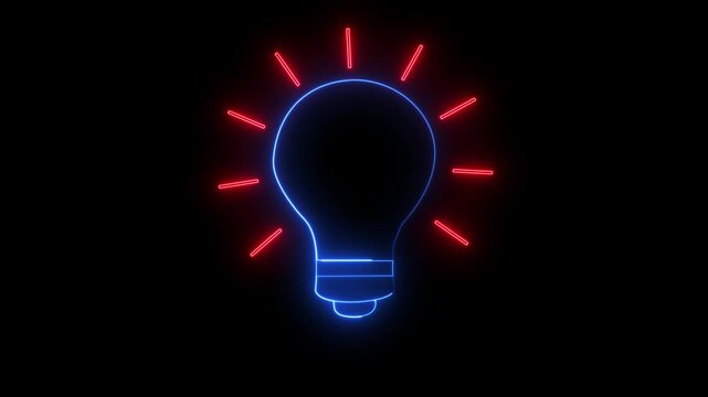 Blue Neon Light Bulb Outline with Red Rays on Black Background image photo