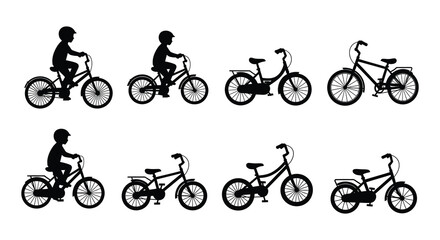 Fototapeta premium Silhouettes of children riding bicycles in a simple black and white illustration