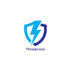Security threats icon with shield and lightning bolt symbolizing cyber risk, protection issues, system vulnerability and danger vector illustration

