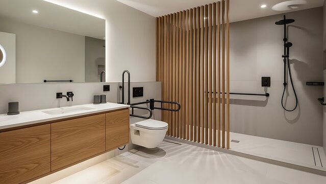 Modern Accessible Bathroom with Walk-In Shower and Wooden Accents.