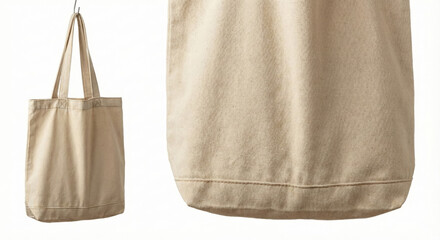 The fabric bag is hanging against a plain background, showing a blank area for logos.