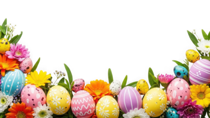 Vibrant easter eggs and flowers on black background