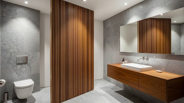Modern Luxury Bathroom with Wooden Divider and Concrete Walls. - Powered by Adobe
