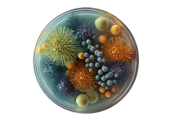 Close up of diverse microbial colonies growing in a petri dish isolated on a transparent background microbiology