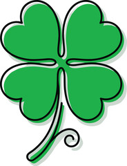 Minimalist four leaf clover vector illustration with green fill and black line art for St Patrick's Day luck and success.