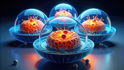 Four spheres housing glowing cellular structures. Futuristic aesthetic, blue and orange color scheme