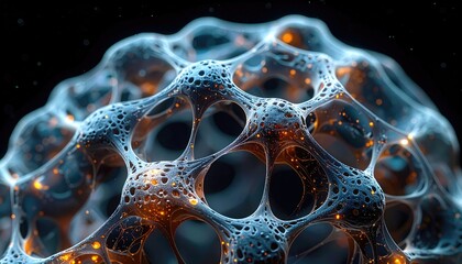 Close-up view of an intricate, glowing structure resembling a microscopic organism