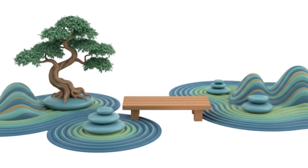 Zen Garden Composition with Bonsai Tree, Wooden Bench and Stone Piles on Black Backdrop