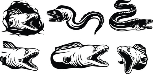 Tattoo flash six aggressive fish head vector illustrations with open mouths and sharp teeth side and front profiles close up black and white vintage line art