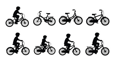 Obraz premium Silhouettes of children riding bicycles in a simple black and white illustration