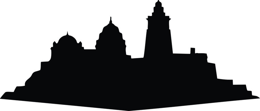 Silhouette vector flat skyline side view historic temple and tall tower on low base isolated black shape on white background minimal logo style branding editorial identity