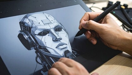 Tech Artistry: A digital artist's hand brings a futuristic android face to life on a sleek tablet.