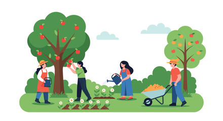 Naklejka premium Group of people working together in a lush green orchard to harvest red apples from trees and water beautiful blooming flowers.