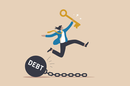 Breaking free from debt: business person escapes financial burden with a golden key