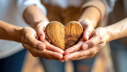 Close-up of hands holding a wooden heart, symbolizing love and togetherness