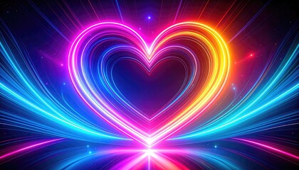 Illuminated heart shape, glowing with vibrant neon colors against a dark background